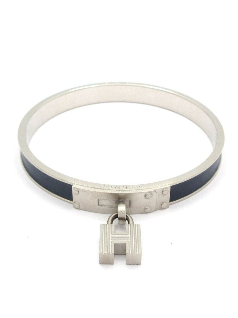 Hermes Bangle Kelly Leather Silver Navy Bracelet